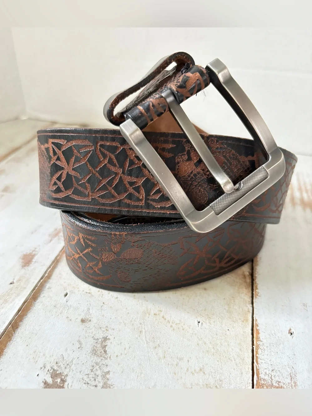 Unique brown black tooled leather belt Celtic knots skulls biker goth men’s 48